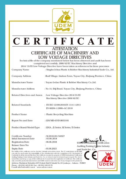 चीन NINGBO LVHUA PLASTIC &amp; RUBBER MACHINERY INDUSTRIAL TRADE CO.,LTD. प्रमाणपत्र